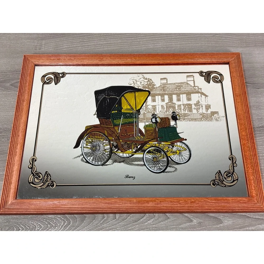 Vintage‎ Benz Horseless Carriage Framed Bar Mirror Classic Car Wall Decor 16x12